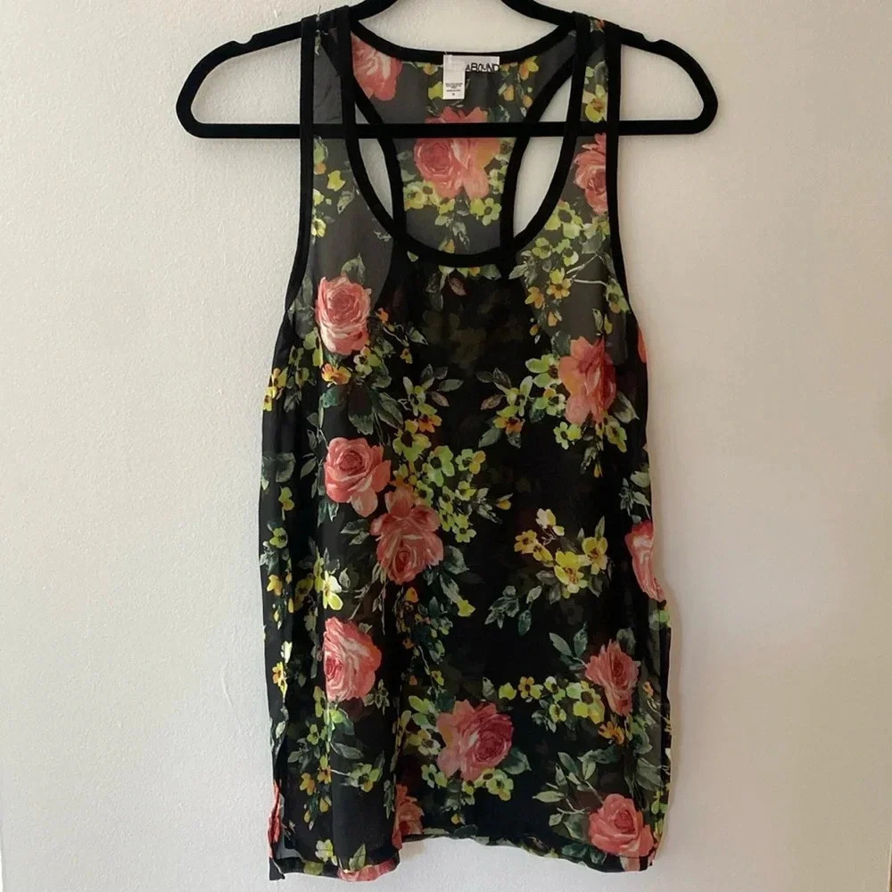 Abound Sheer Floral Roses Sleeveless Racer back Black Pink Blouse Size M - Picture 9 of 13